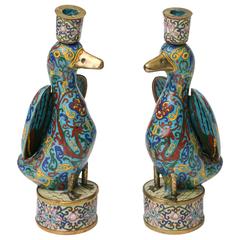 Antique Pair of Cloisonné Duck Candlesticks, circa 1900