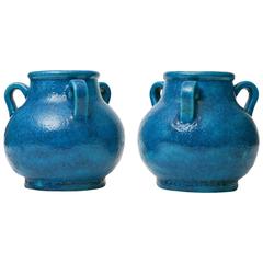 Pair of Egyptian Blue Faience French Vases, circa 1920 1
