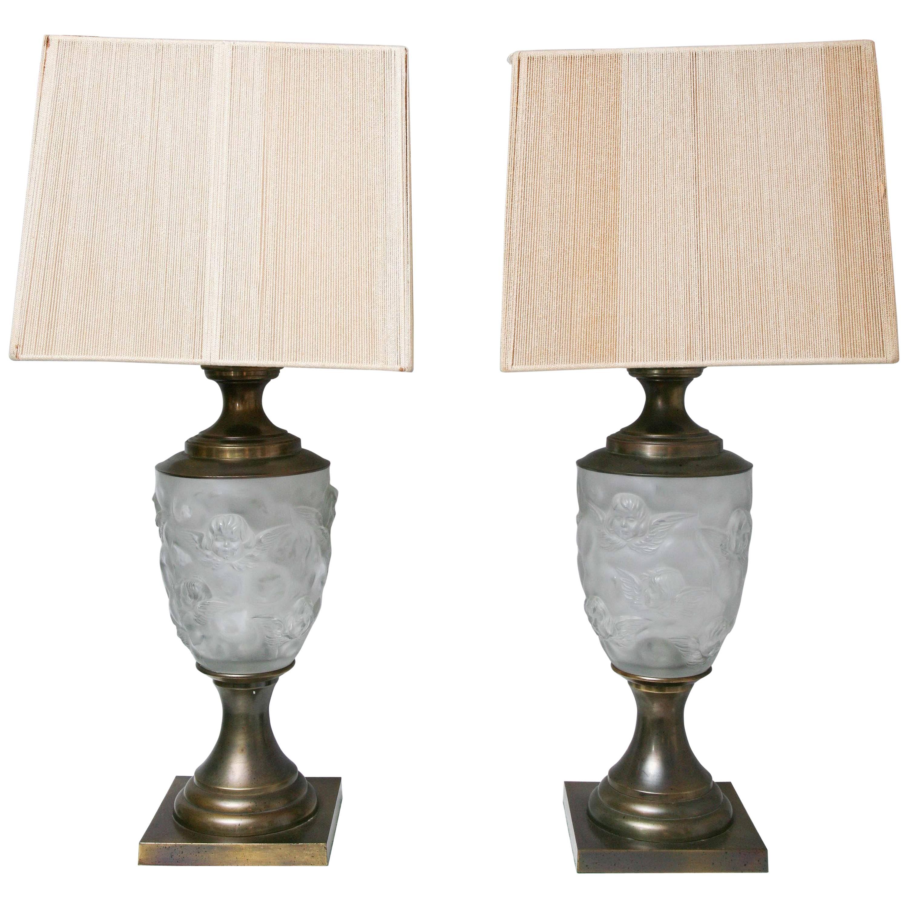 Pair of Hollywood Regency Lalique Style Brass / Glass Putti Table Lamps, Elegant For Sale
