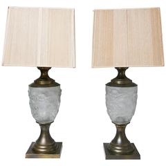 Pair of Hollywood Regency Lalique Style Brass / Glass Putti Table Lamps, Elegant