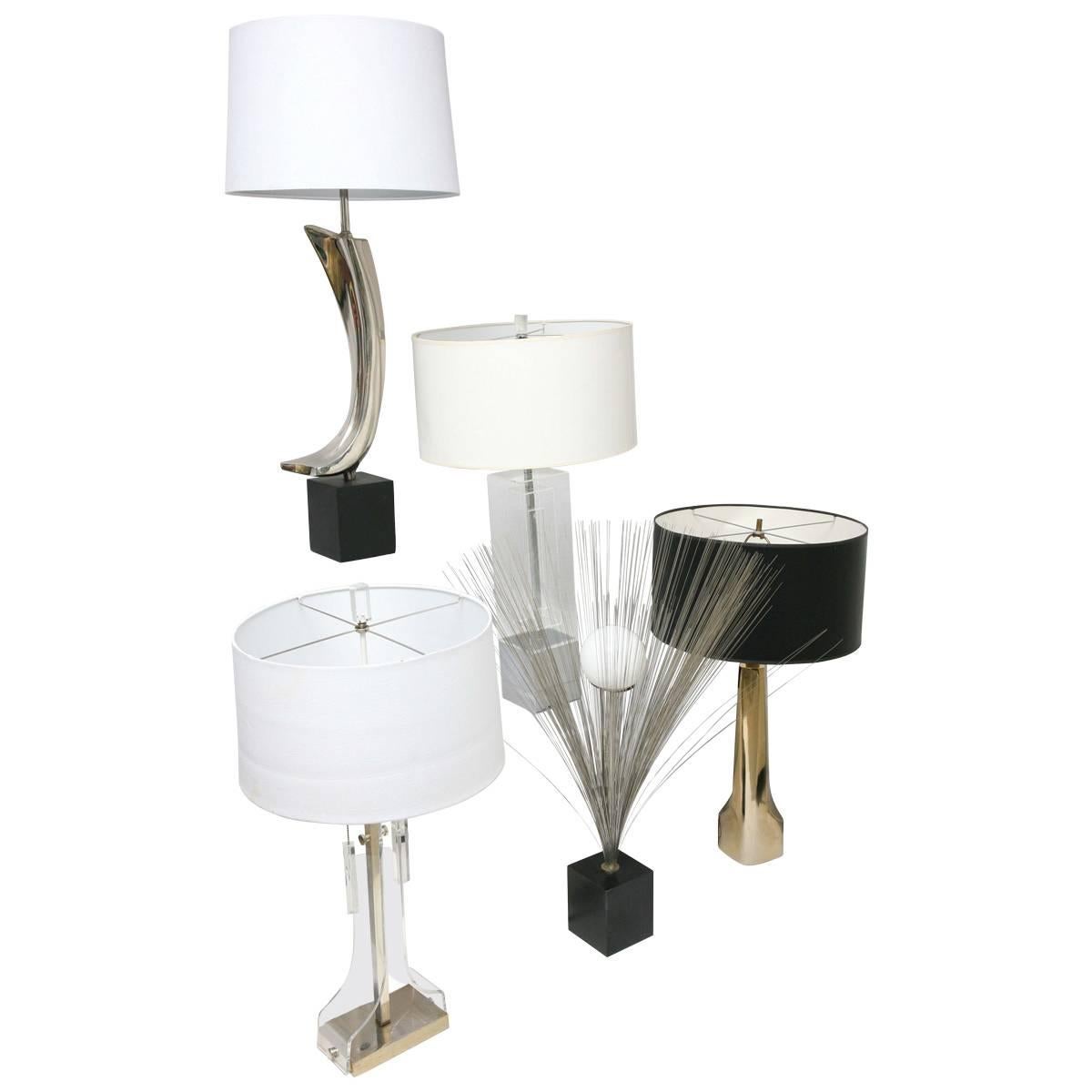 Collection Mid-Century Modern Laurel Tempestino Lucite Chrome Brass Table Lamps For Sale