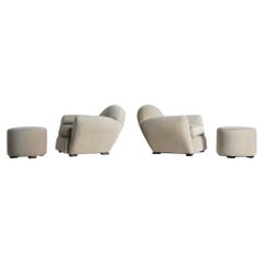 Superb Pair of Round Leaning Club Chairs and Ottomans in Alpaca
