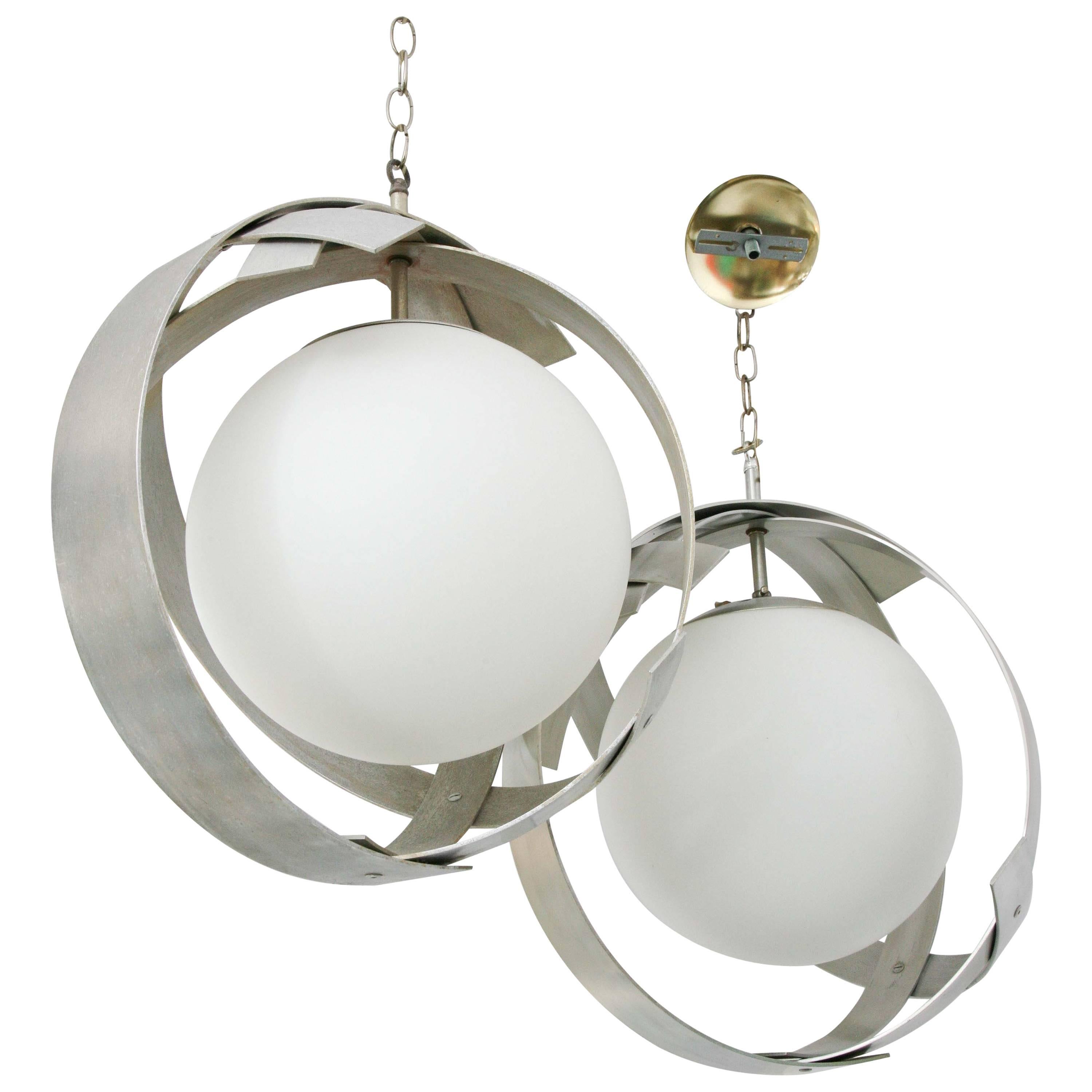 Mid-Century Modern Continental Glass /Aluminum Saturn Pendant Ceiling Lamp For Sale