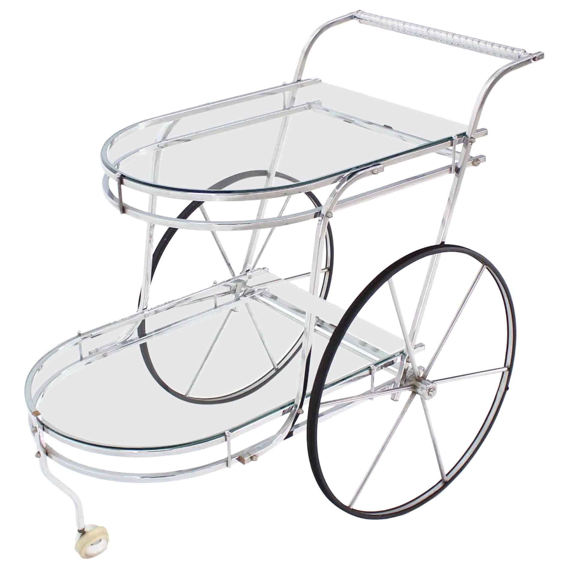 Large Wheel Design Chrome and Glass Tea Bar Cart For Sale
