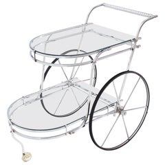 Large Wheel Design Chrome and Glass Tea Bar Cart