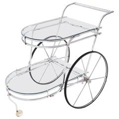 Vintage Large Wheel Design Chrome and Glass Tea Bar Cart