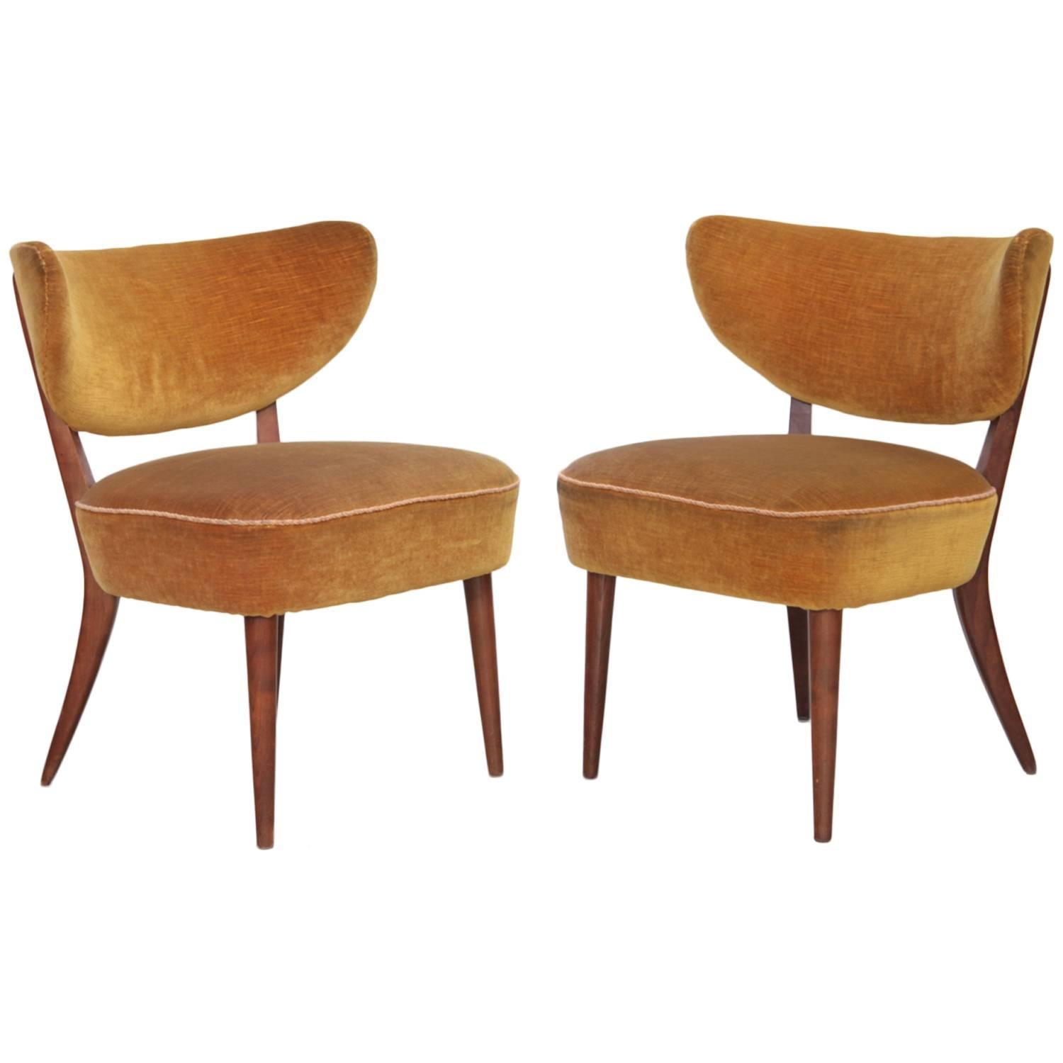 Pair of 1950s German Curved Back Chairs by Arch, Traulsen in Mohair Fabric