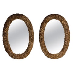 Hollywood Regency, Large Oval Wall Mirrors, Carved Giltwood, Leaf Motif, 21st C.