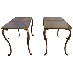 Pair of Antique Bronze French Side Tables with Eglomise Glass from the 30s