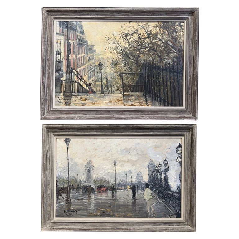 Pareja de cuadros al óleo sobre lienzo de escenas parisinas francesas de mediados de siglo firmados A. Lamague