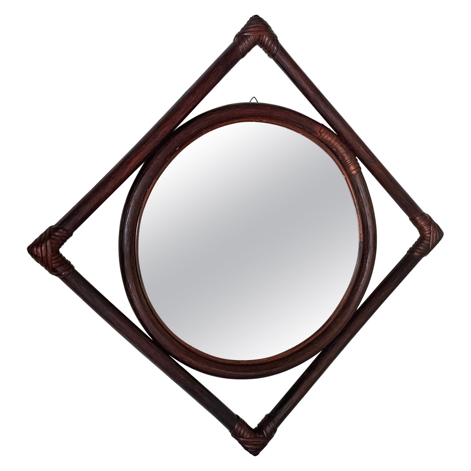 Specchio in rattan francese del 1960, design convertibile da triangolo a quadrato