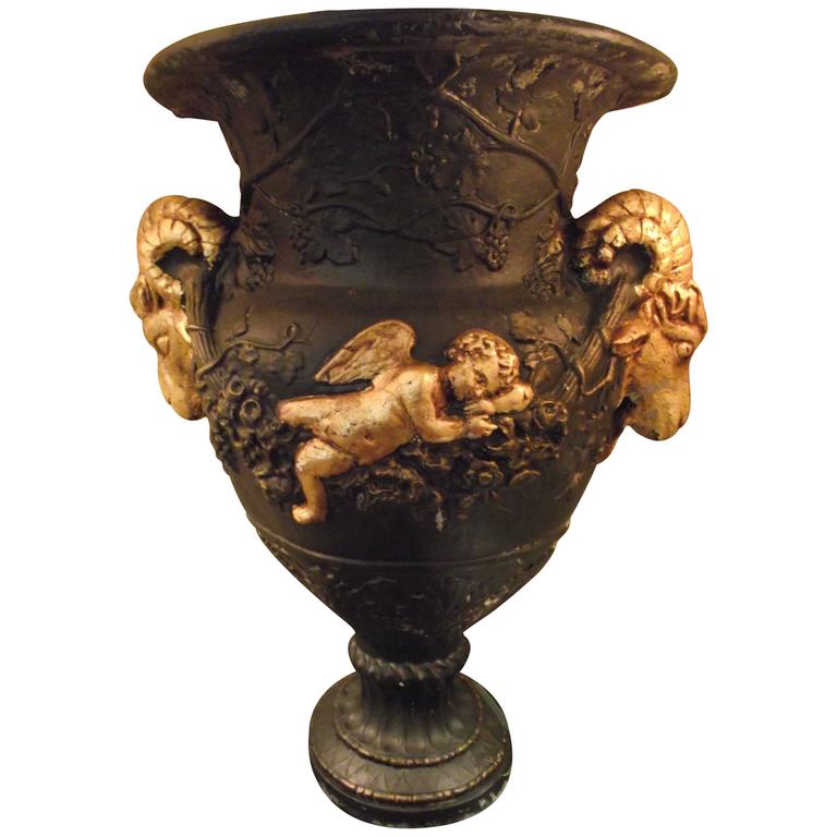 Large Ram's Head and Cherub Urn in Brown/Black and Gold Leaf Finish at