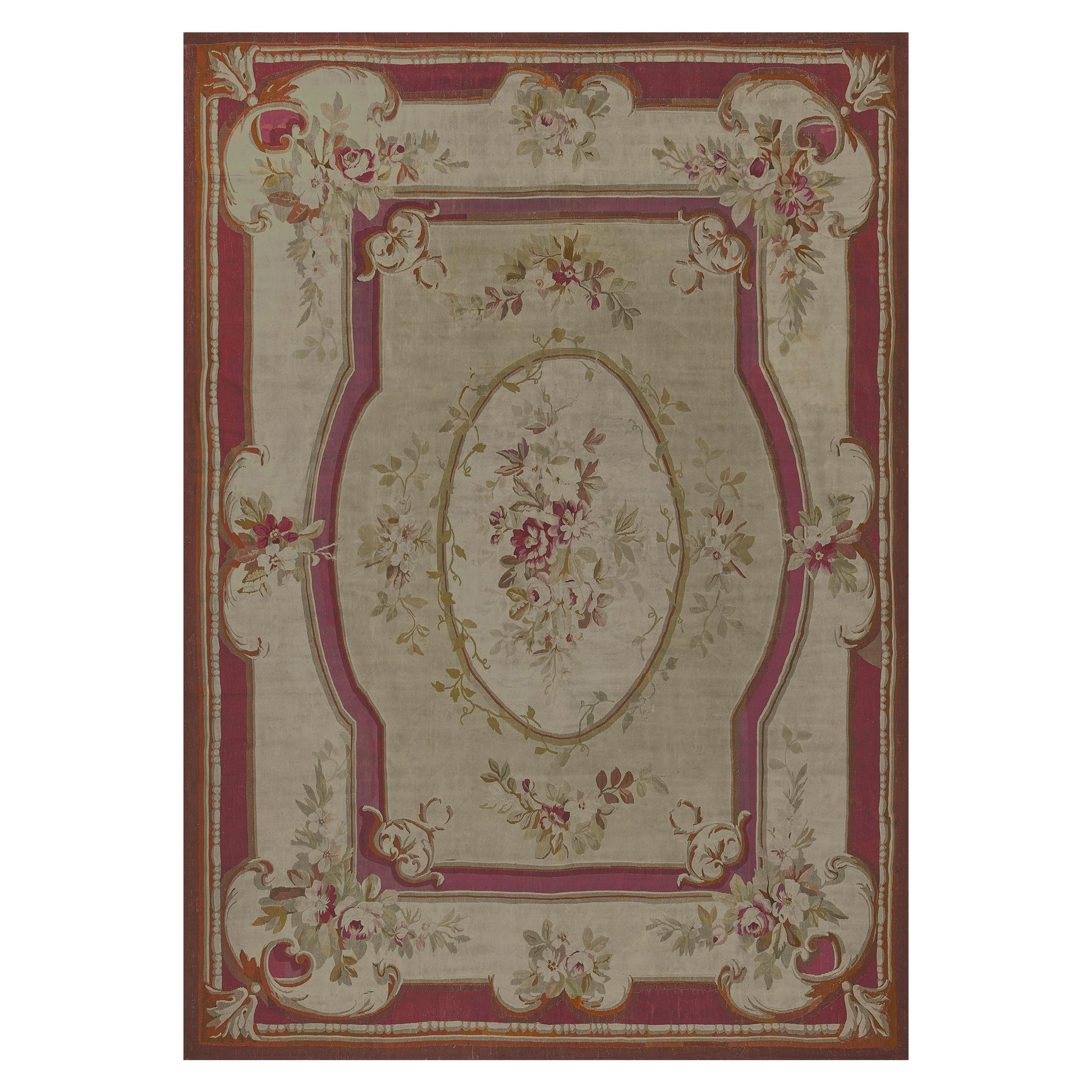 Alfombra Aubusson Tradicional Francesa Roja de Lana Anudada a Mano