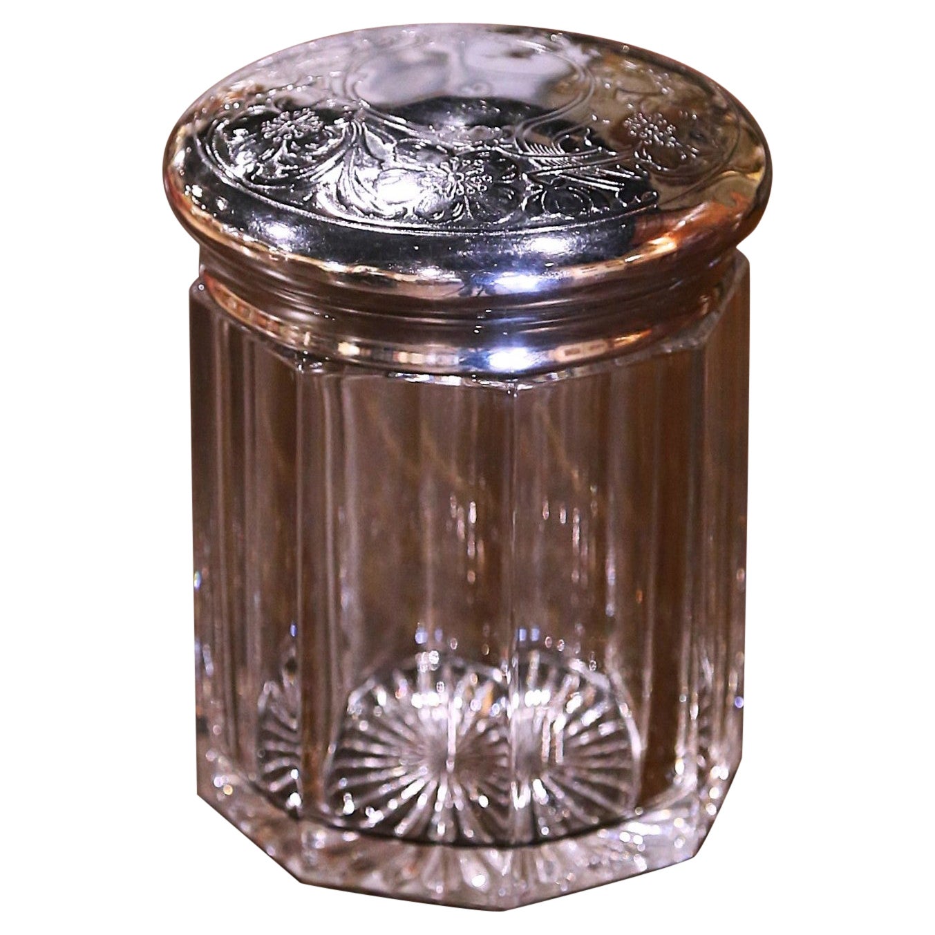 Early 20th Century French Glass Candy Jar with Silver Lid