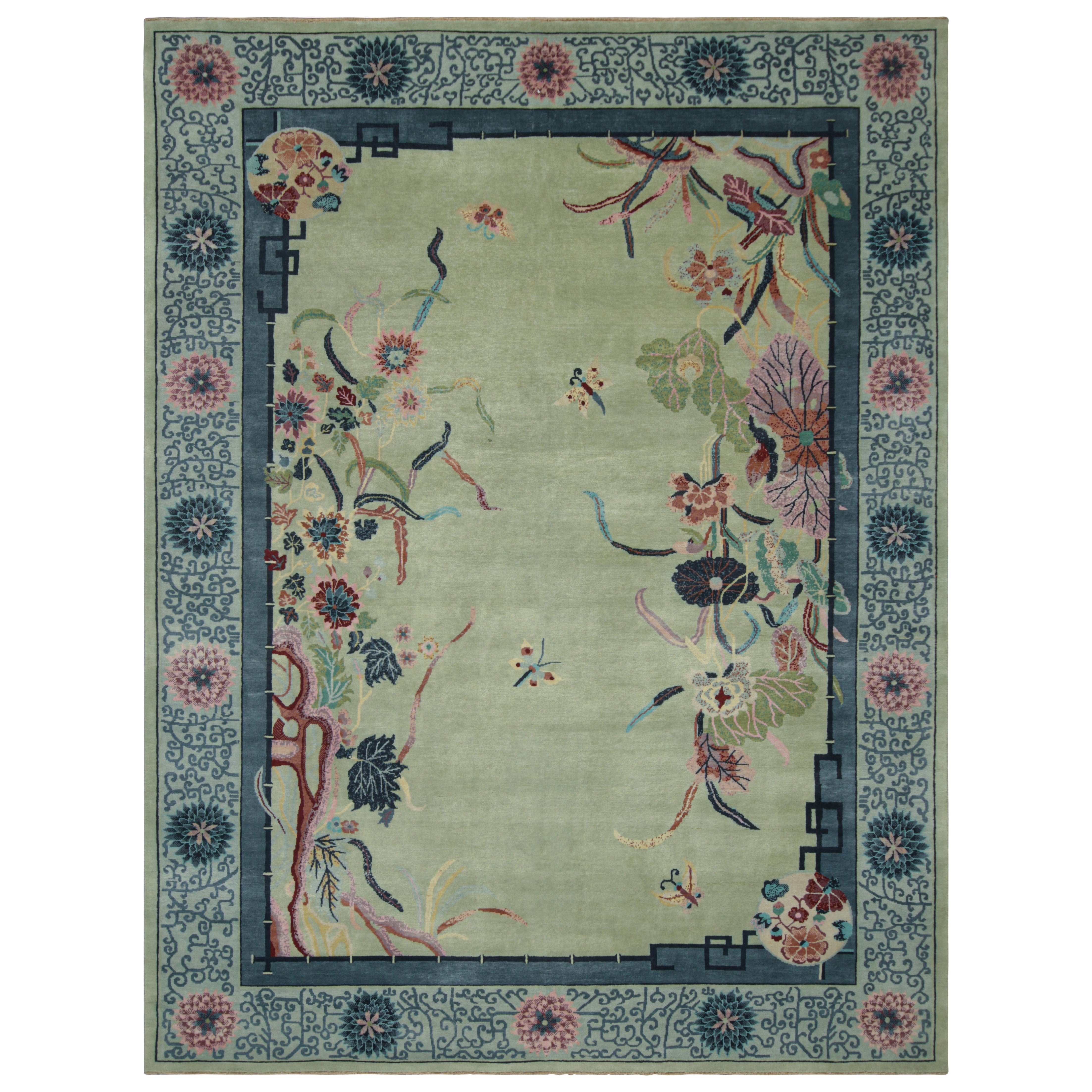Rug & Kilim’s Chinese Art Deco Style Rug, Blue and Green with Floral Patterns