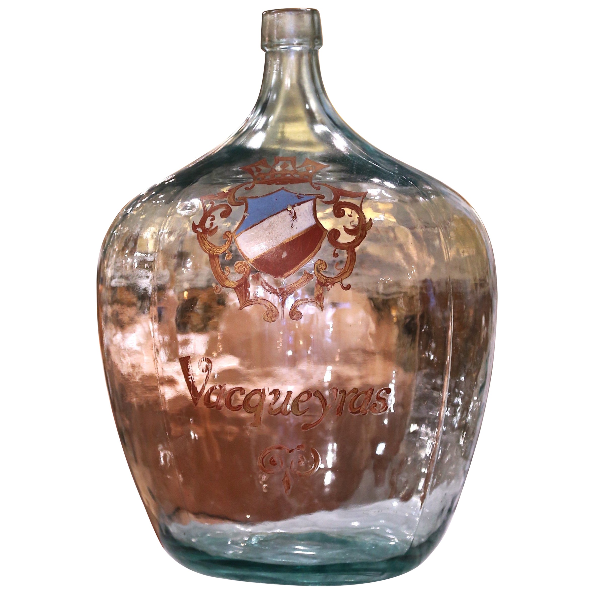 French Hand Blown Demijohn Glass Bottle and Gilt with "Vacqueyras" Crest
