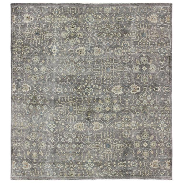 Square Shaped Modern Rug with Garden Pattern in Ivory and Gray Tones