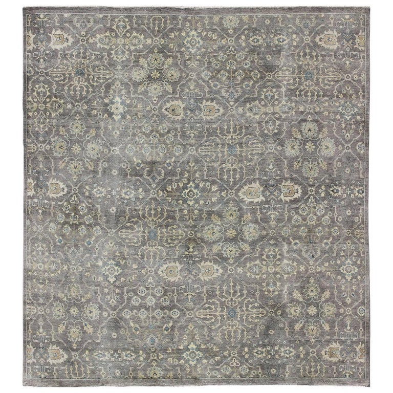 Square Shaped Modern Rug with Garden Pattern in Gray Tones and Neutral