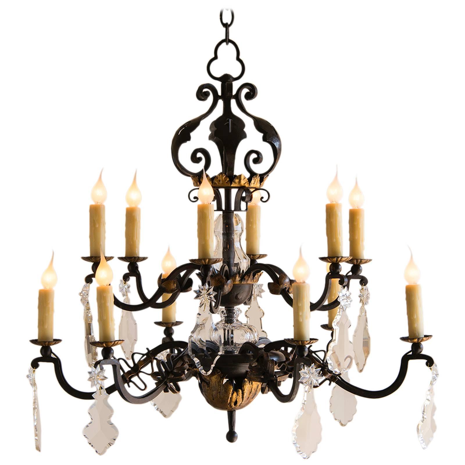 Vintage Crystal, Gilded Iron TwoTier TwelveLight French Chandelier