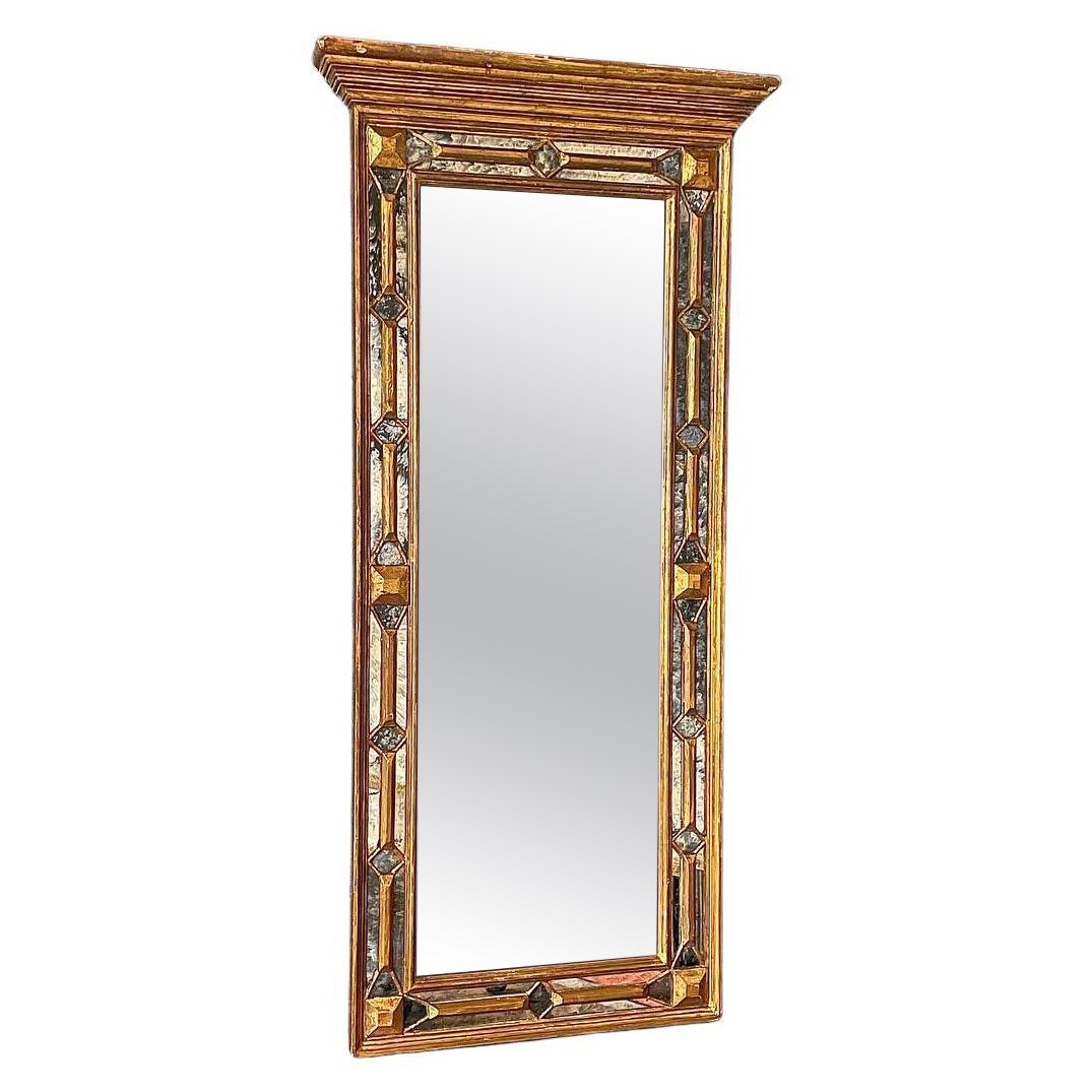 Antique Spanish Colonial Gilded Mirror w/ Distressed Glass For Sale