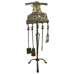 Antique Dutch Brass Windmill Fire Tool Set With Stand