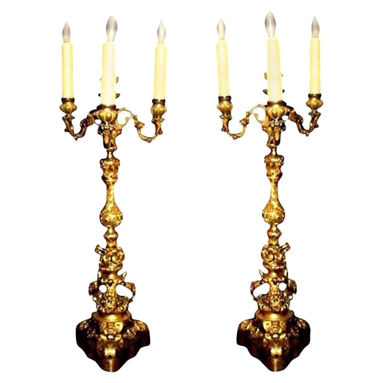Coppia di candelabri francesi del XIX secolo in stile Luigi XV in bronzo dorato
