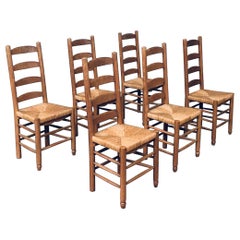 Chaises de salle à manger à dossier haut en chêne et jonc, Rustic Design, Belgique, années 1950