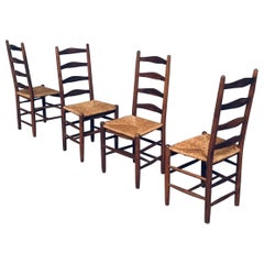Rustic Handcrafted Oak & Rush High Back Dining Chairs, 1940's Belgium