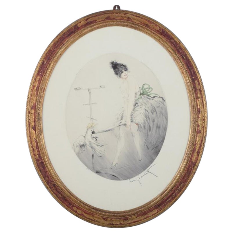 Louis Icart (1888-1950). Etching on paper. Lady in a short dress with a cockatoo