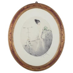 Louis Icart (1888-1950). Acquaforte su carta. Signora in abito corto con cacatua