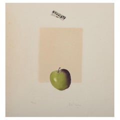 Alain Soucasse, Frankreich. Farblithographie. Modernistisches Arrangement mit Apfel.