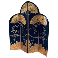 Divisorio per ambienti con paravento asiatico in foglia d'oro e nero del 1980 in stile Art Deco Revival