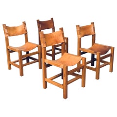 Brutalist Design Elm & Leather Dining Chairs by Maison Regain, France 1960's