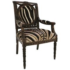 Vintage French Style Carved Wooden Chair in Zebra Hide