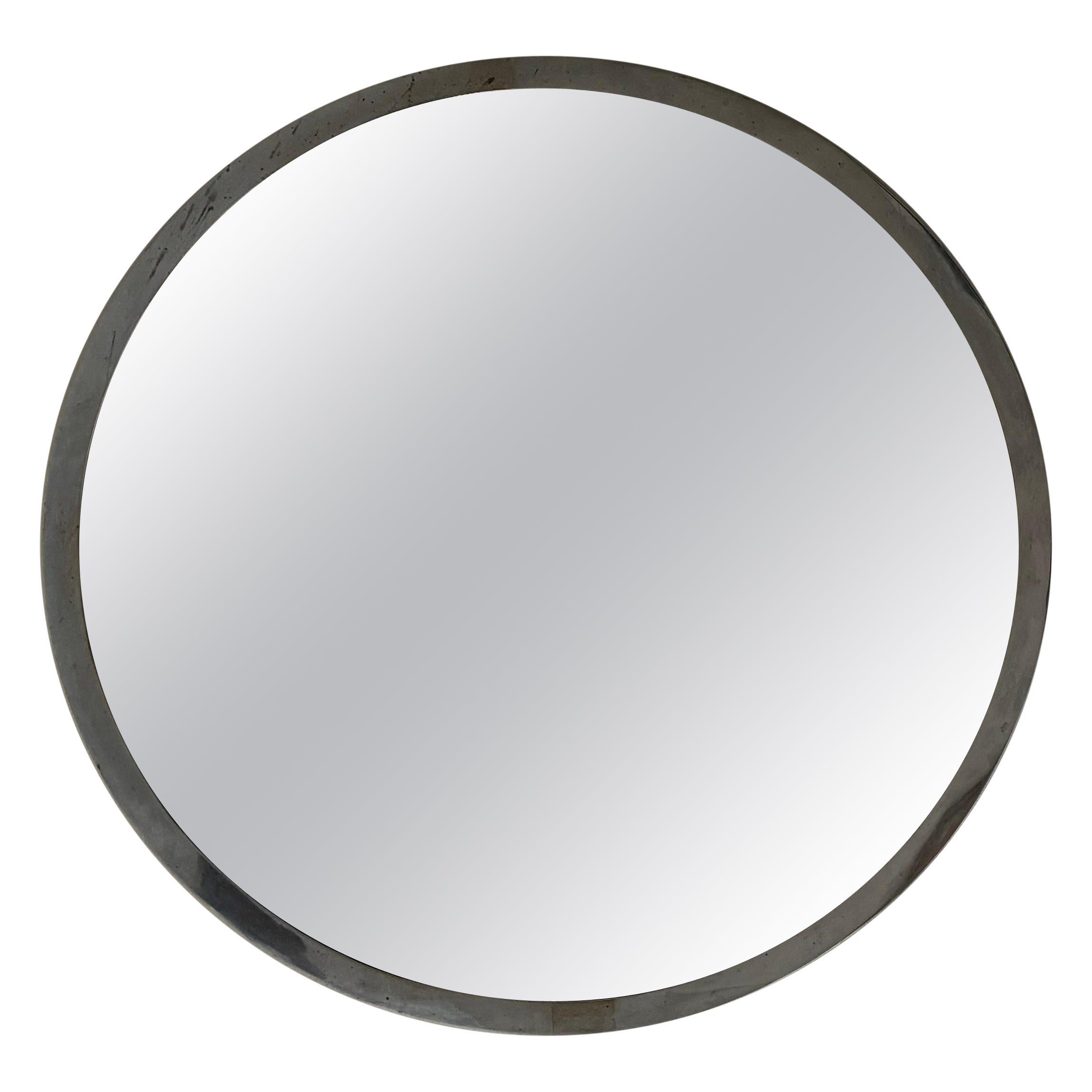French modernist nickel on brass round mirror