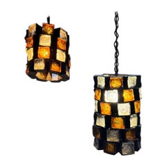 1970s Felipe Delfinger for Feders Brutalist Metal & Stained-Glass Pendants