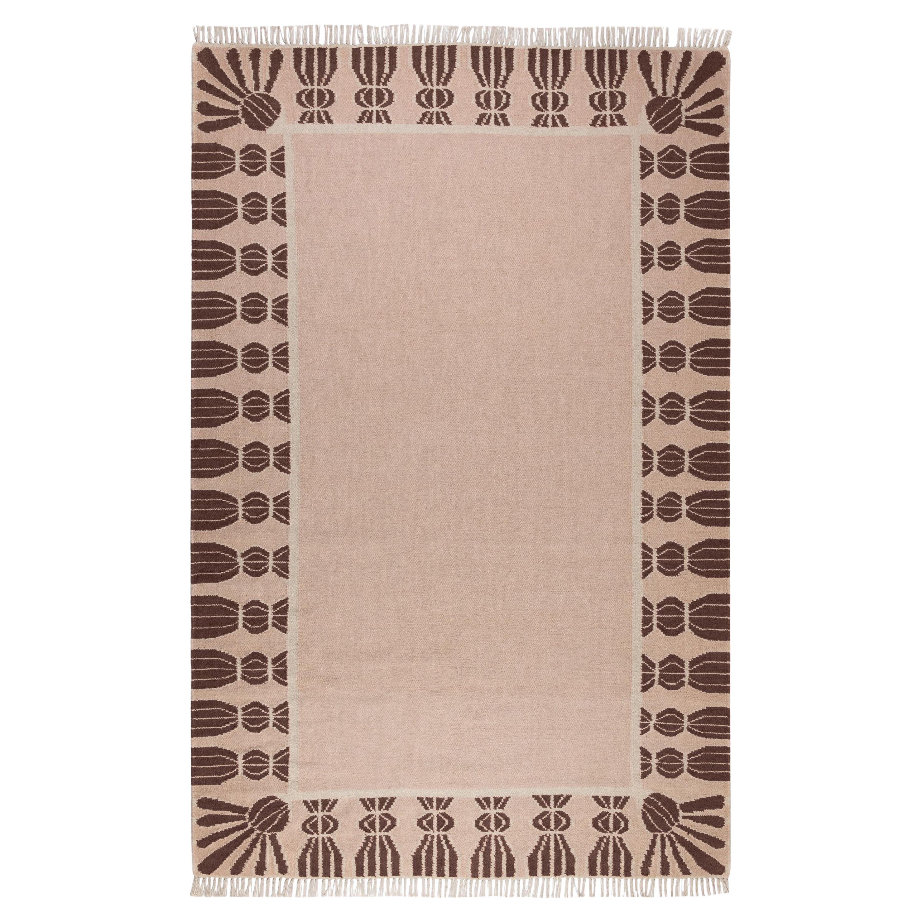 Handwoven Wool Tassel Rug, 12' x 15', Bisque Pink, Chocolate Brown and Eggshell