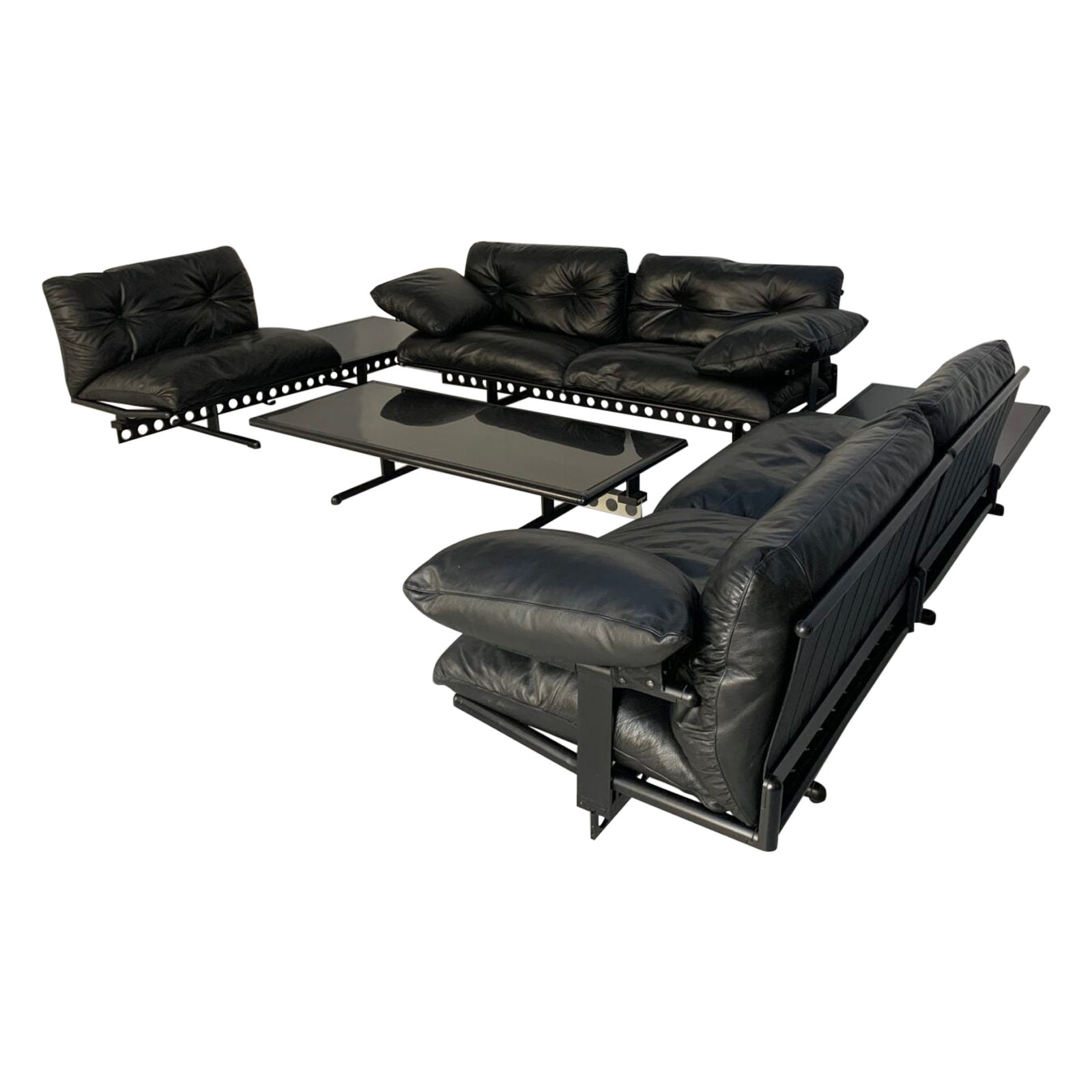 Poltrona Frau Ouverture 7-Seat Sofa & Marble Table Suite In Black "Soul" Leather