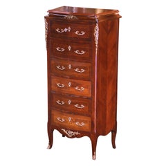 Vintage Mid-Century French Louis XV Carved Burl and Rosewood Bombe Six-Drawer Chest