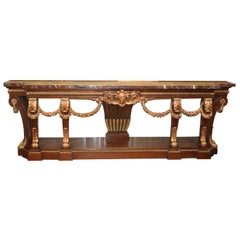 Antique Monumental French Northwind Masque Gilded Walnut Marble Top Console Table