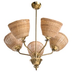Itsu, Chandelier, Brass, Rattan, Finland, 1950s