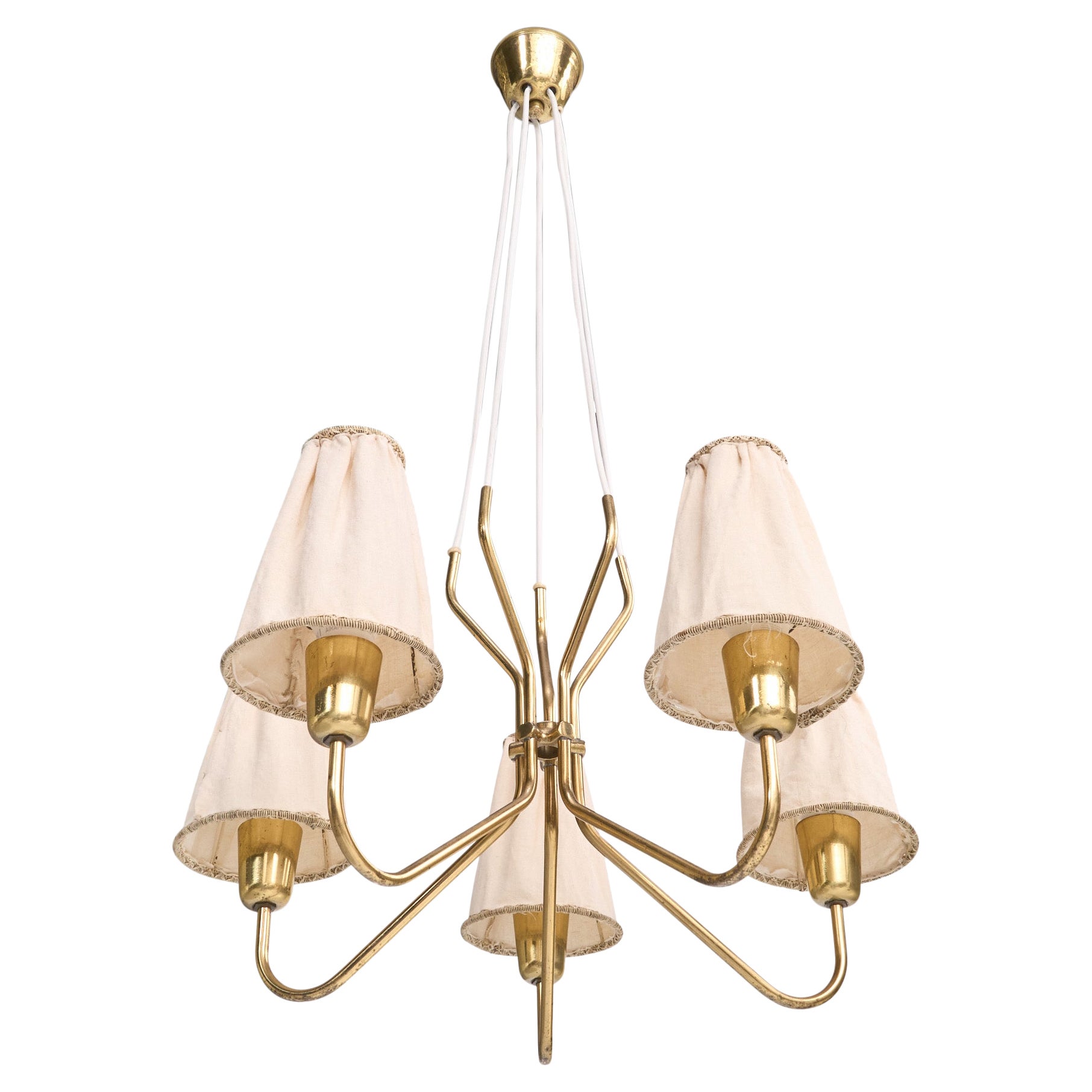 Swedish Designer, Chandelier, Brass, Fabric, Sweden, 1950s