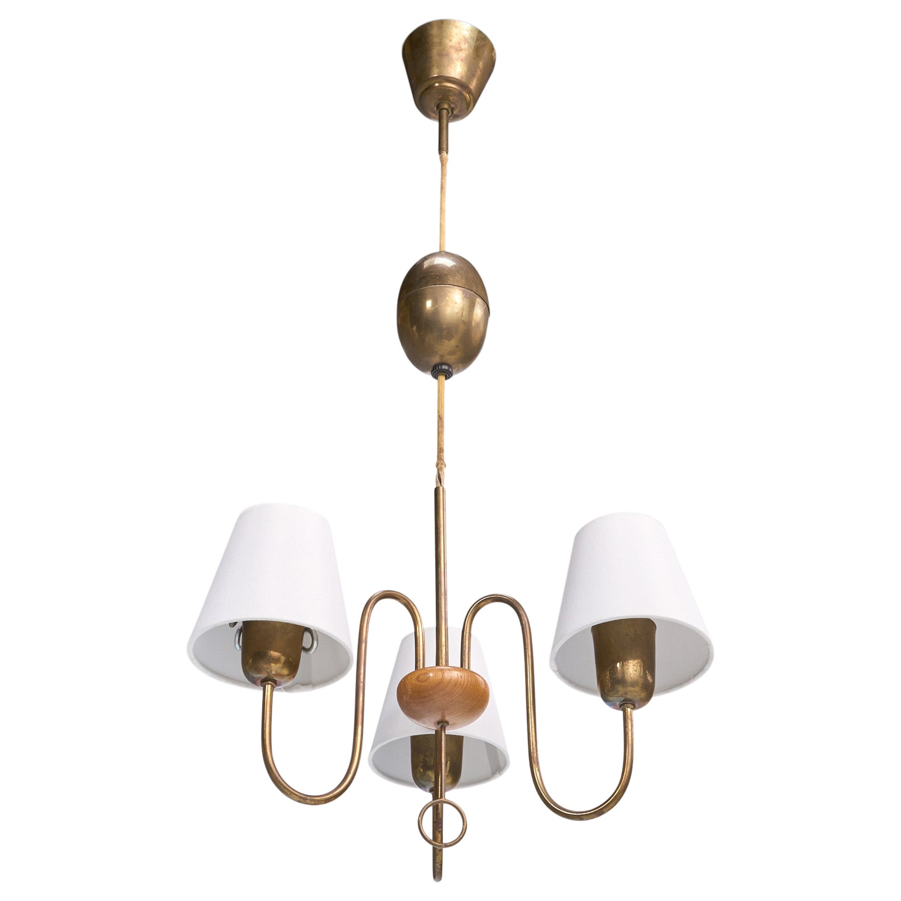Lampadario di design svedese, ottone, Oak, tessuto, Svezia, anni '40