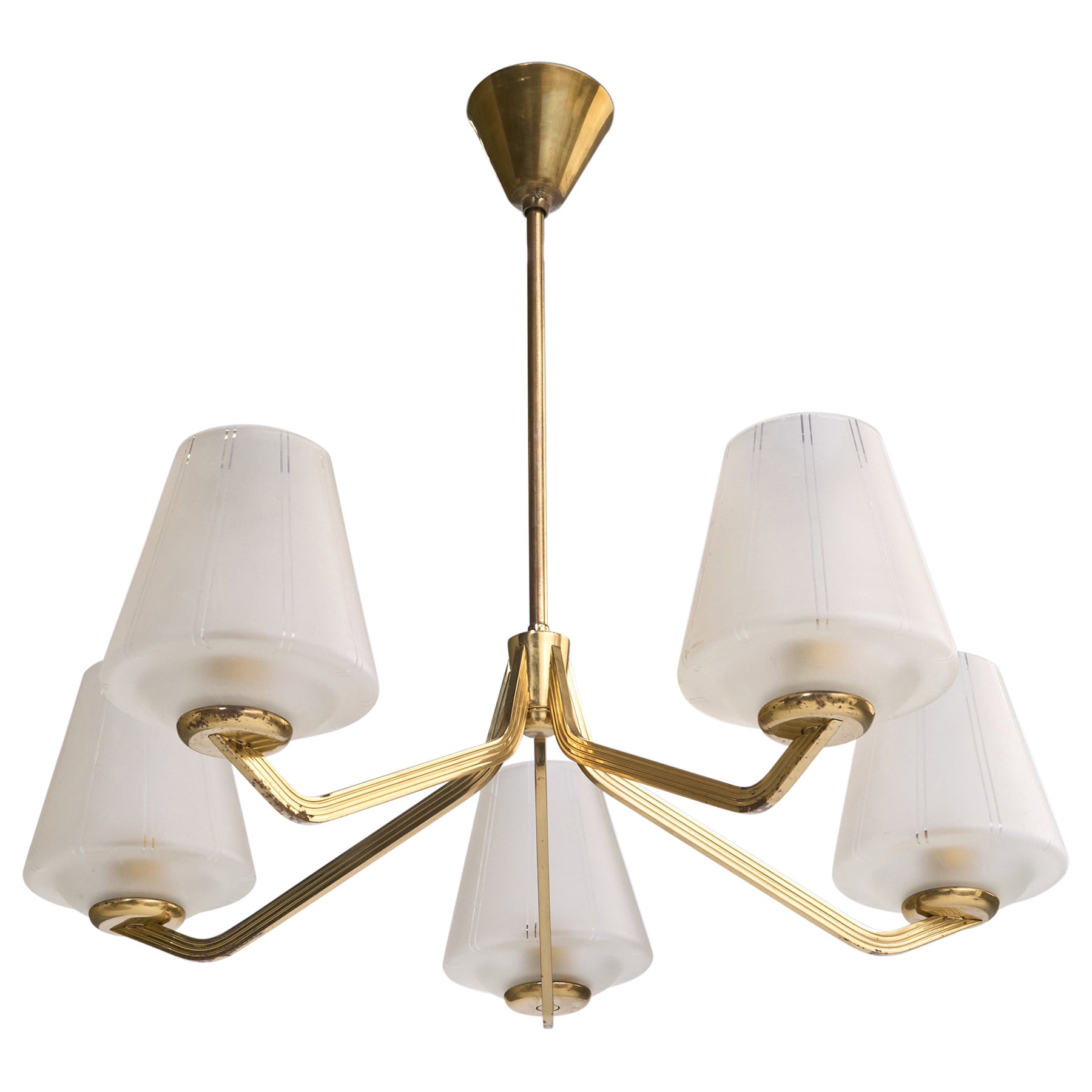 Schwedischer Designer, Kronleuchter, Messing, Glas, Schweden, 1950er Jahre