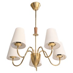 Swedish Designer, Chandelier, Brass, Wood, Fabric, Sweden, 1950s