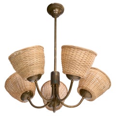 Designer finlandese, lampadario, ottone, rattan, Finlandia, anni '1950