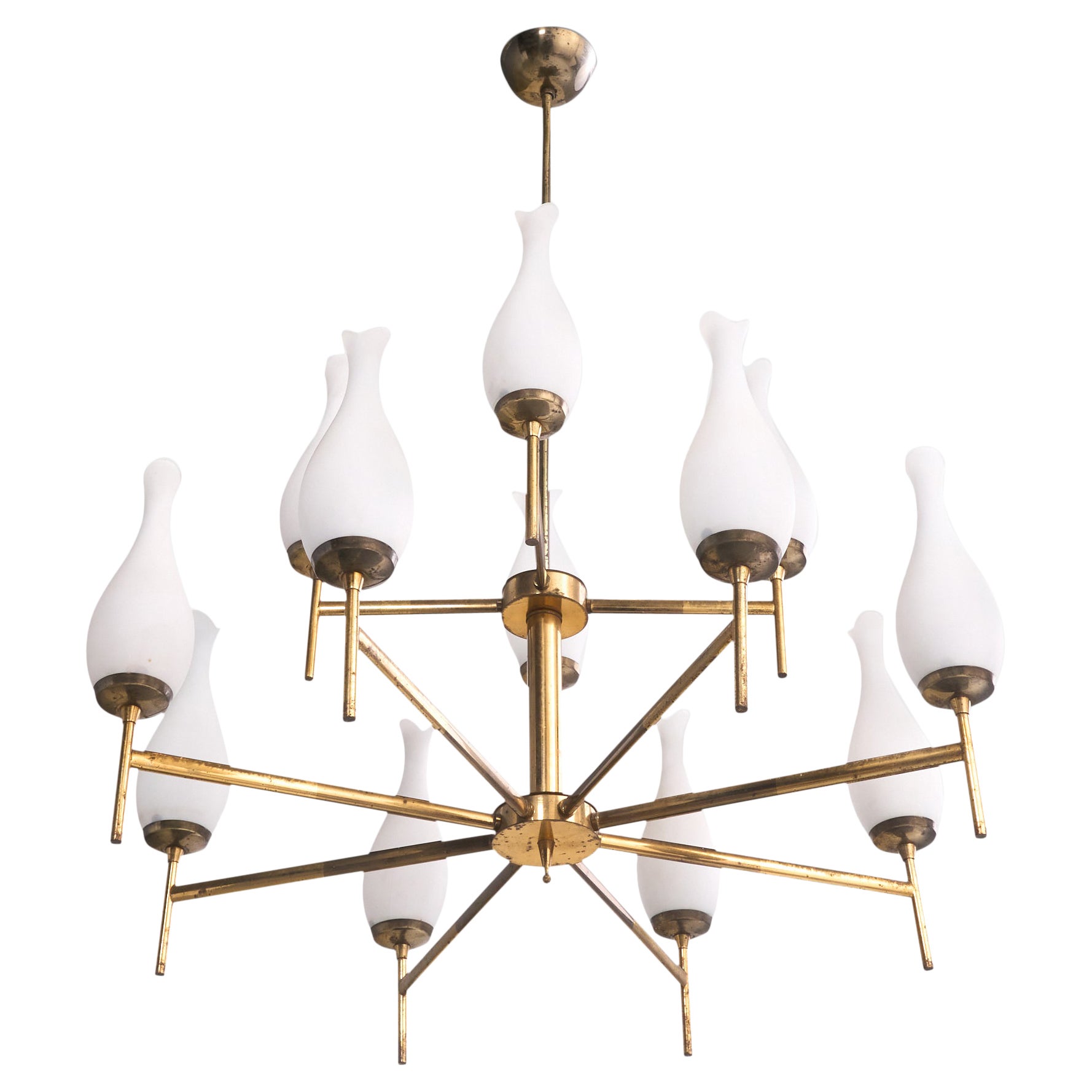 Italian Designer, Chandelier, Brass, Glass, Italy, 1950s For Sale