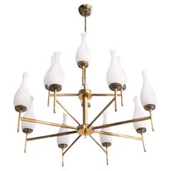 Lampadario di design italiano, ottone, vetro, Italia, anni '1950