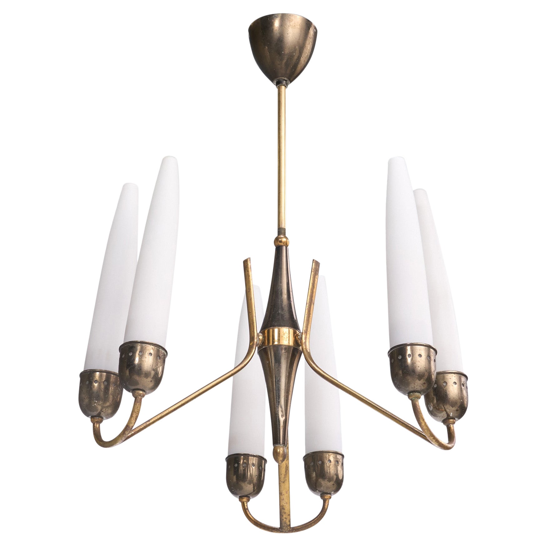 Italian Designer, Chandelier, Brass, Metal, Glass, Italy, 1950s For Sale
