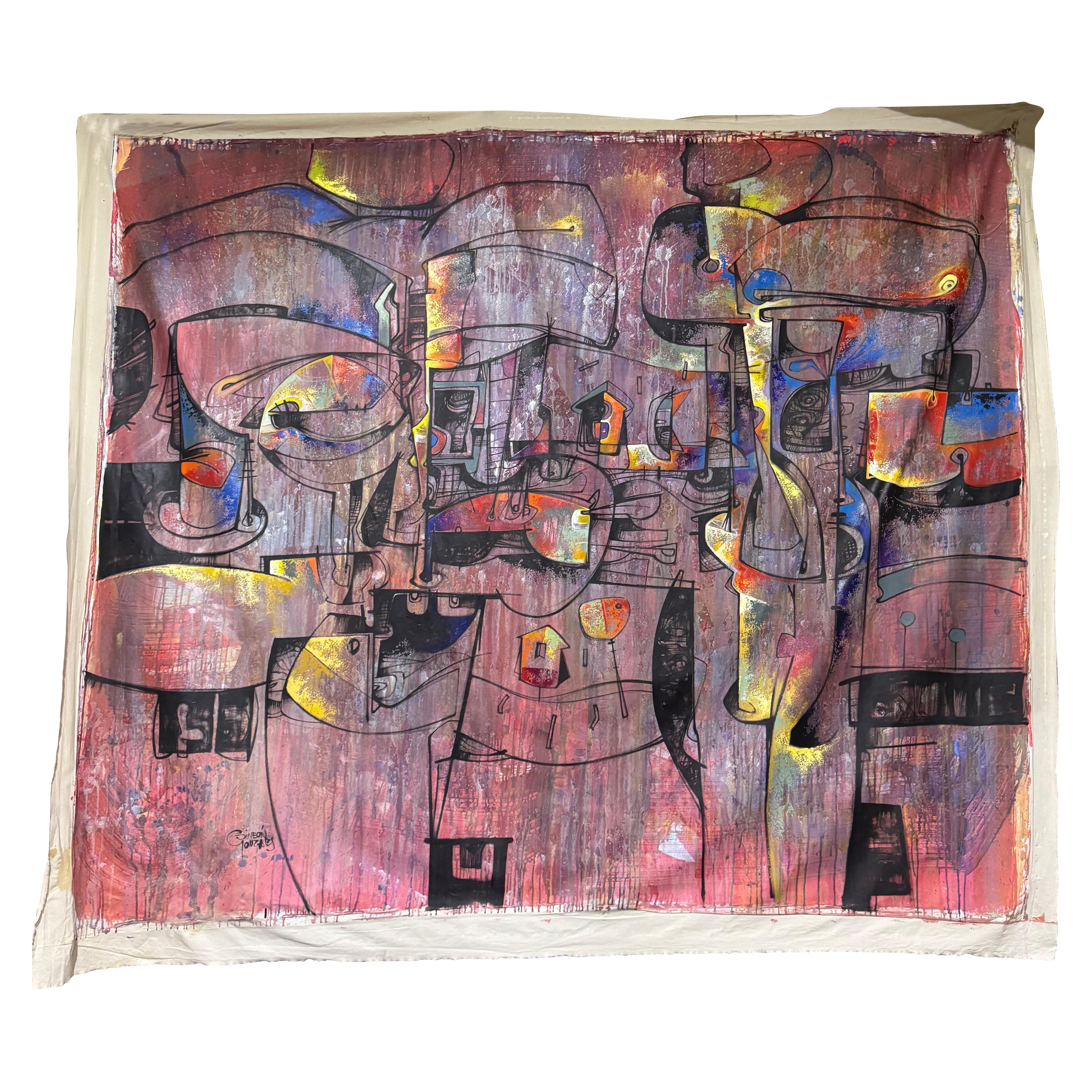 Pintura al óleo abstracta moderna sobre lienzo Monumental 7' x 8' por Simeon Gonzales